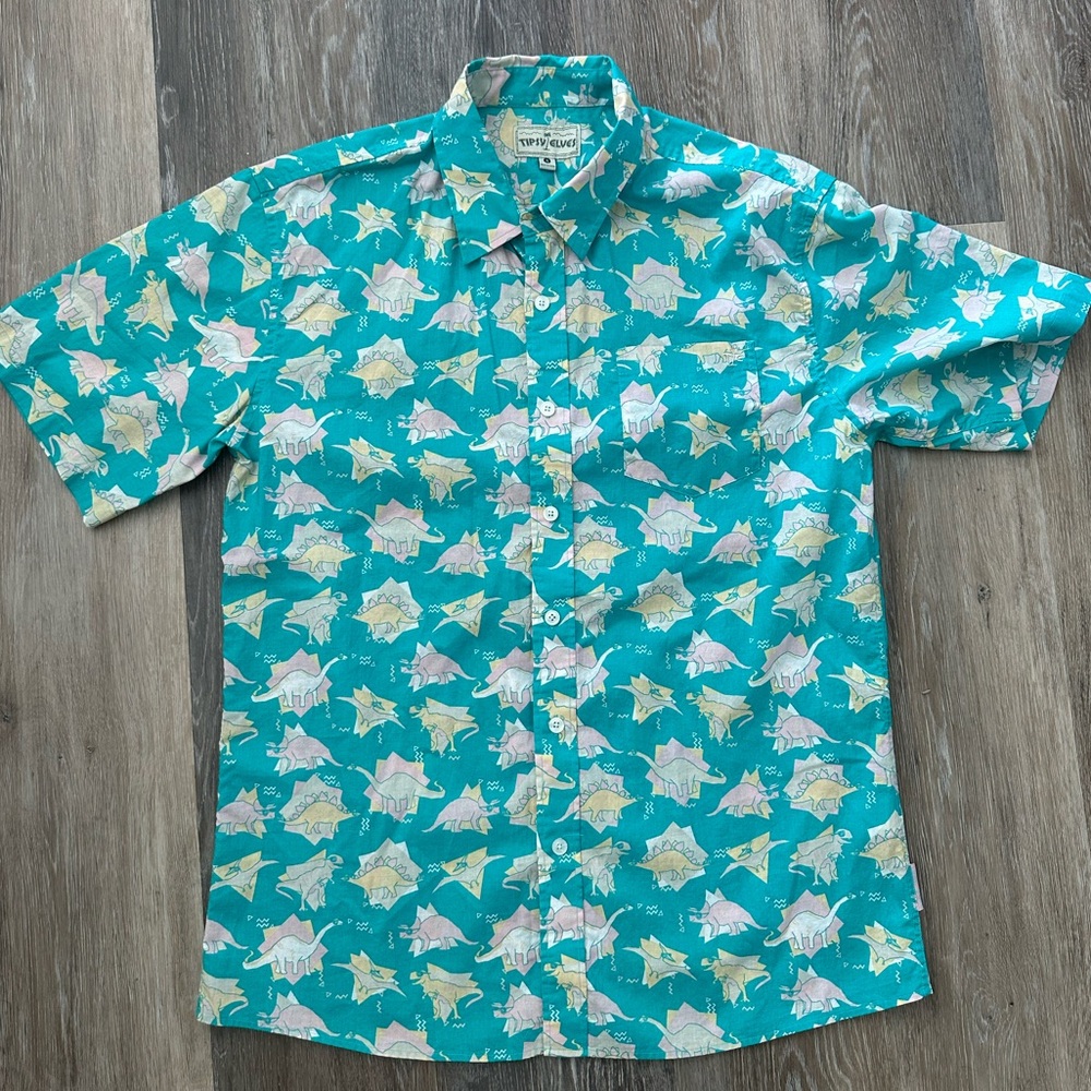 Tipsy Elves Teal Dinosaur Pattern Shirt